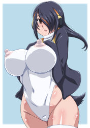 Rule 34 | 1girl, alternate breast size, animal costume, animal ears, bird tail, black eyes, black hair, blue background, border, breasts, covered navel, curvy, emperor penguin (kemono friends), expressionless, full body, hair over one eye, headphones, highleg, highleg leotard, highres, hood, hood down, hooded jacket, hoodie, jacket, kemono friends, large breasts, leotard, light blush, long hair, looking at viewer, nipples, open clothes, open hoodie, simple background, solo, tail, thick thighs, thighhighs, thighs, white border, white leotard, white thighhighs, wide hips, yukimaru (gojo)