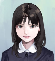 Rule 34 | 1girl, black hair, blue background, blue shirt, brown eyes, buttons, closed mouth, collared shirt, highres, inamitsu shinji, lips, looking at viewer, medium hair, original, portrait, shirt, simple background, solo, tareme
