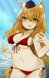 Rule 34 | 1girl, animal ear fluff, animal ears, arms up, bikini, blue background, blush, breasts, brown hair, cleavage, commentary request, fang, fate/extra, fate/extra ccc, fate/extra ccc fox tail, fate (series), fox ears, fox tail, front-tie bikini top, front-tie top, hair ornament, highres, izuoku, large breasts, long hair, looking at viewer, navel, nose blush, open mouth, red bikini, side-tie bikini bottom, sideboob, solo, standing, stomach, suzuka gozen (fate), sweatdrop, swimsuit, tail, underboob, v, water, yellow eyes