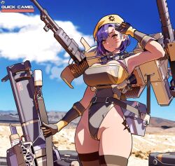 Rule 34 | 1girl, armpits, beret, blue sky, breasts, bullet, check commentary, circle a, closed mouth, cloud, cloudy sky, colored skin, commentary request, desert, facepaint, gloves, gun, hat, highleg, highleg leotard, holding, holding gun, holding weapon, large breasts, last origin, leotard, machine gun, military, military hat, military uniform, outdoors, pink eyes, quick camel, rocket launcher, salute, short hair, sky, smile, solo, thighhighs, two-finger salute, uniform, weapon, white gloves, white hair, white leotard, white skin, white thighhighs, yellow hat