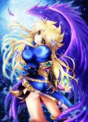 Rule 34 | 1girl, angel wings, ass, bare legs, black wings, blonde hair, boots, breasts, breath of fire, breath of fire ii, capcom, feathers, glowing, green eyes, large breasts, legs, long hair, looking at viewer, looking back, nina (breath of fire ii), shindou hayato, side slit, solo, thighs, wings