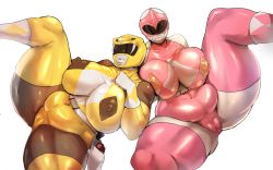 Rule 34 | 2girls, ass, belly, breasts, cleft of venus, covered eyes, dark-skinned female, dark skin, fat, helmet, huge ass, huge breasts, jujunaught, kyoryu sentai zyuranger, large breasts, mighty morphin power rangers, multiple girls, pasties, pink ranger, plump, power rangers, simple background, skin tight, skindentation, super sentai, thick lips, thick thighs, thighs, white background, yellow ranger