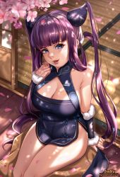Rule 34 | 1girl, artist name, bare shoulders, black dress, blue eyes, blunt bangs, blush, breasts, china dress, chinese clothes, cleavage, commentary, detached sleeves, dress, exlic, fate/grand order, fate (series), from above, hair ornament, highres, large breasts, long hair, looking at viewer, open mouth, outdoors, purple hair, sidelocks, smile, solo, thighs, twintails, very long hair, watermark, web address, yang guifei (fate), yang guifei (second ascension) (fate)