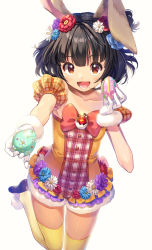 Rule 34 | 10s, 1girl, :d, animal ears, black hair, blush, bow, brown eyes, rabbit ears, collarbone, commentary request, dress, easter, easter egg, egg, gloves, highres, idolmaster, idolmaster million live!, joey koguma, looking at viewer, nakatani iku, open mouth, plaid, puffy short sleeves, puffy sleeves, short hair, short sleeves, side ponytail, smile, thighhighs, white gloves
