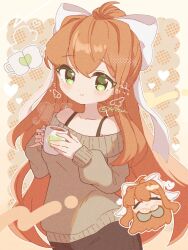Rule 34 | 1girl, anzen robo (474zz), black pants, brown background, brown hair, brown sweater, coffee, cowboy shot, cup, doki doki literature club, green eyes, heart, holding, holding cup, long hair, looking at viewer, monika (doki doki literature club), off shoulder, pants, ponytail, ribbon, smile, steam, strap, sweater, twitter username, very long hair, white ribbon