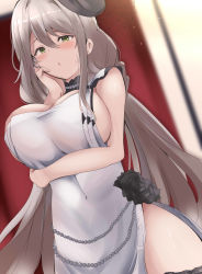 Rule 34 | 1girl, aquila (azur lane), arm under breasts, azur lane, black flower, black rose, black thighhighs, blurry, blurry background, breasts, dress, flower, green eyes, grey hair, hand on own cheek, hand on own face, highres, jewelry, large breasts, long hair, necklace, pearl necklace, pelvic curtain, rose, thighhighs, tonchinkan, white dress