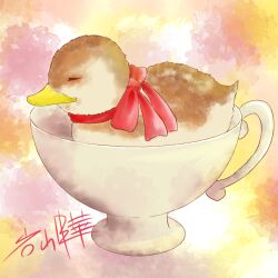 Rule 34 | absurdres, animal, animal focus, bird, bow, closed eyes, cup, duck, highres, in container, in cup, iwasaki hana, no humans, original, red bow