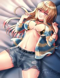 Rule 34 | 1girl, blonde hair, bra, bracelet, breasts, choker, cleavage, collarbone, denim, denim shorts, ear piercing, earrings, facing viewer, floral print, grin, highres, jeans, jewelry, k.g.fantasy, kitagawa marin, large breasts, long hair, looking at viewer, lying, nail polish, on back, open clothes, open mouth, open shirt, outstretched arms, pants, piercing, red eyes, shirt, shorts, smile, solo, sono bisque doll wa koi wo suru, spread arms, spread legs, swimsuit, underwear, undressing