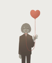 Rule 34 | absurdres, avogado6, bags under eyes, balloon, black pants, black shirt, commentary, crying, closed eyes, facing viewer, heart balloon, highres, long sleeves, open mouth, original, pants, shirt, simple background, smile, solo