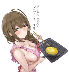 Rule 34 | 1girl, ahoge, apron, bare shoulders, blush, braid, braided ponytail, breasts, brown eyes, brown hair, chopsticks, cleavage, closed mouth, collarbone, cooking, food, frilled apron, frills, from above, frying pan, hair over shoulder, hamedoragon, holding, holding frying pan, huge ahoge, idolmaster, idolmaster cinderella girls, idolmaster shiny colors, kuwayama chiyuki, large breasts, long braid, long hair, looking at viewer, naked apron, pink apron, scrambled egg, sideboob, single braid, smile, solo, standing, stove, translation request