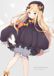 Rule 34 | 1girl, abigail williams (fate), artist name, black bow, black dress, black hat, blonde hair, bloomers, blue eyes, blush, bow, bug, butterfly, commentary request, copyright name, dress, eyebrows hidden by hair, fate/grand order, fate (series), forehead, grey background, hair bow, hat, highres, hugging object, huidare, insect, knees together feet apart, long hair, long sleeves, looking at viewer, orange bow, parted bangs, parted lips, polka dot, polka dot bow, simple background, sleeves past fingers, sleeves past wrists, solo, stuffed animal, stuffed toy, teddy bear, underwear, very long hair, white bloomers