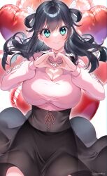 Rule 34 | 1girl, absurdres, amano nene (vtuber), angel, artist name, bad id, bad twitter id, black hair, black skirt, blue hair, blush, breasts, cleavage, cleavage cutout, closed mouth, clothing cutout, commentary request, cowboy shot, floating hair, green eyes, hair between eyes, hands up, heart, heart hands, highres, jewelry, large breasts, long hair, looking at viewer, necklace, own hands together, pink sweater vest, production kawaii, shirt, skirt, smile, solo, standing, sweater vest, twitter username, virtual youtuber, wing hair ornament, yayoi maka