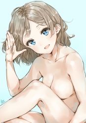 Rule 34 | 10s, 1girl, :d, ahoge, aqua background, bad id, bad pixiv id, blue eyes, blush, breasts, closed eyes, collarbone, commentary request, completely nude, convenient leg, from side, grey hair, hand up, highres, knee up, kneepits, looking at viewer, looking to the side, love live!, love live! sunshine!!, medium breasts, medium hair, nude, open mouth, salute, signature, simple background, sitting, smile, solo, takenoko no you, watanabe you