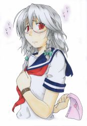Rule 34 | 1girl, alternate costume, alto-00, bespectacled, blush, braid, female focus, glasses, izayoi sakuya, letter, love letter, red eyes, school uniform, silver hair, solo, embodiment of scarlet devil, touhou, traditional media, twin braids, watch, wristwatch