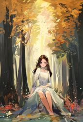 Rule 34 | 1girl, absurdres, arm at side, autumn leaves, black hair, blue eyes, blush, breasts, collarbone, commentary, day, dress, feet out of frame, flower, forest, hand on lap, highres, long dress, long hair, long sleeves, looking at viewer, nature, original, outdoors, parted bangs, parted lips, red flower, rokku, sitting, small breasts, soaking feet, solo, tree, water, white dress