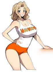 Rule 34 | 10s, 1girl, arm support, blonde hair, blue eyes, brand name imitation, breasts, cleavage, clothes writing, commentary, cowboy shot, cropped legs, employee uniform, girls und panzer, grin, hair intakes, hand on own hip, hooters, kay (girls und panzer), large breasts, logo, long hair, looking at viewer, orange shorts, sasaki tatsuya, shirt, short shorts, shorts, simple background, smile, solo, standing, tank top, uniform, waitress, white background, white shirt