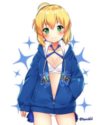 Rule 34 | 1girl, absurdres, arm at side, artoria pendragon (fate), artoria pendragon (swimsuit archer) (fate), artoria pendragon (swimsuit archer) (first ascension) (fate), bikini, bikini under clothes, blonde hair, blue eyes, blue jacket, blush, breasts, cleavage, closed mouth, clothes writing, collarbone, cowboy shot, criss-cross halter, drawstring, english text, fate/grand order, fate (series), halterneck, hand in pocket, heart, heart-shaped pupils, highres, hood, hood down, hooded jacket, jacket, kaxukin, long sleeves, looking at viewer, medium breasts, navel, open clothes, open jacket, partially unzipped, shiny skin, short hair, side-tie bikini bottom, sidelocks, sleeves past wrists, smile, solo, sparkle background, swimsuit, symbol-shaped pupils, thighs, twitter username, white bikini, zipper pull tab