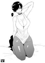 Rule 34 | 1girl, arm behind back, arm behind head, armpits, artist name, bare shoulders, black hair, breasts, bright pupils, choker, cleavage, collarbone, earrings, full body, greyscale, grin, hair over one eye, heart, highres, huge breasts, jewelry, leaning to the side, looking at viewer, monochrome, norman maggot, olive laurentia, one eye closed, original, pantyhose, seiza, short hair, simple background, sitting, sleeveless, smile, solo, spoken heart, swept bangs, tight clothes, unzipped, zipper