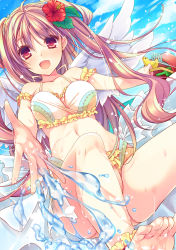 Rule 34 | 1girl, :d, barefoot, bikini, breasts, brown eyes, brown hair, bucket, cleavage, cocoa (cafe-hotcocoa), day, fang, feet, flower, hair flower, hair ornament, halterneck, hibiscus, highres, long hair, medium breasts, multicolored bikini, multicolored clothes, open mouth, original, rake, smile, solo, splashing, swimsuit, toes, twintails, very long hair, white bikini, white wings, wings