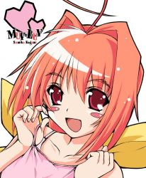 Rule 34 | 1girl, ahoge, bare shoulders, blush stickers, camisole, collarbone, copyright name, hair between eyes, heart, kagami sumika, looking at viewer, muv-luv, open mouth, orange hair, red eyes, red hair, simple background, solo, spaghetti strap, upper body, white background