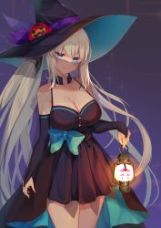 Rule 34 | 1girl, absurdres, black dress, black gloves, blue bow, blue eyes, blush, bow, breasts, bridal gauntlets, cernunnos (fate), cleavage, commentary request, dress, elbow gloves, baobhan sith (fate), fate/grand order, fate (series), fingerless gloves, gloves, halloween costume, hat, hat ornament, hat ribbon, highres, holding, holding lantern, lantern, large breasts, long hair, looking at viewer, morgan le fay (fate), mouth veil, namaponpon 00, pumpkin hat ornament, purple ribbon, ribbon, see-through, short dress, silver hair, smile, solo, veil, very long hair, witch hat