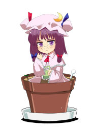 Rule 34 | 1girl, :&lt;, bespectacled, book, female focus, flower pot, glasses, hat, kuze, long hair, patchouli knowledge, purple eyes, purple hair, solo, touhou, white background