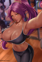 Rule 34 | 1girl, arm up, armpits, artist name, bare shoulders, black pants, black sports bra, bleach, blurry, blurry background, breasts, collarbone, cowboy shot, dark-skinned female, dark nipples, dark skin, exlic, flashing, foreshortening, gym, halterneck, high ponytail, highres, huge breasts, indoors, lips, long hair, looking at viewer, navel, nipples, outstretched arm, pants, parted lips, ponytail, purple hair, seductive smile, shihouin yoruichi, smile, solo, sports bra, sportswear, stomach, toned, very long hair, weights, yellow eyes, yoga pants