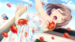 Rule 34 | 10s, 1girl, brown hair, closed eyes, game cg, highres, kitami minamo, koutaro, open mouth, short hair, tomato, tropical kiss, tropical vacation, twinkle (company)