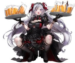 Rule 34 | 1girl, alcohol, azur lane, beer, beer mug, black dress, black footwear, black gloves, black socks, breasts, cleavage, clothing cutout, cross, cup, dress, elbe (azur lane), elbe (time to show off?) (azur lane), fang, frilled dress, frills, full body, gloves, headgear, high heels, highres, holding, holding tray, indoors, iron cross, layered dress, looking at viewer, mug, nekometaru, official alternate costume, official art, open mouth, puffy short sleeves, puffy sleeves, short sleeves, skin fang, socks, solo, squatting, transparent background, tray, underboob cutout