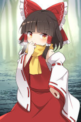 Rule 34 | 1girl, absurdres, bare shoulders, blush, bow, brown eyes, brown hair, chest sarashi, detached sleeves, e.o., hair bow, hair tubes, hakurei reimu, highres, japanese clothes, long hair, looking at viewer, nontraditional miko, open mouth, outdoors, red bow, red skirt, ribbon-trimmed sleeves, ribbon trim, sarashi, scarf, sidelocks, skirt, solo, touhou, white sleeves, wide sleeves, yellow scarf