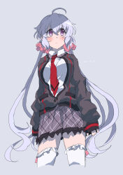Rule 34 | 1girl, absurdres, ahoge, black jacket, black skirt, blazer, blush, breasts, closed mouth, collared shirt, commentary request, cowboy shot, cropped legs, frilled thighhighs, frills, grey background, grey hair, hair between eyes, hair ornament, hair scrunchie, highres, jacket, light frown, long hair, long sleeves, looking to the side, low twintails, medium breasts, necktie, open clothes, open jacket, pink scrunchie, plaid, pleated skirt, purple eyes, purple hair, red necktie, scrunchie, senki zesshou symphogear, shirt, sidelocks, simple background, skirt, sleeves past wrists, solo, standing, tachibana hibiki (symphogear), takatisakana, thighhighs, twintails, very long hair, white shirt, white thighhighs, yukine chris, zettai ryouiki