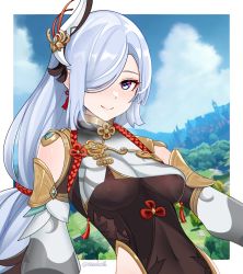 Rule 34 | 1girl, blue eyes, blue sky, breasts, covered navel, genshin impact, hair ornament, hair over one eye, highres, hip vent, long hair, looking at viewer, medium breasts, rezodwel, shenhe (genshin impact), sky, smile, upper body, white hair