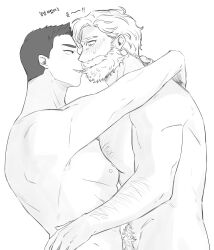 Rule 34 | 06584 1s2, 2boys, alternate body hair, alternate facial hair, ao isami, bara, beard, beard over mouth, black hair, blonde hair, blush, completely nude, couple, cowboy shot, face-to-face, facial hair, foreplay, from side, full beard, greyscale, highres, large pectorals, lewis smith, male focus, male pubic hair, monochrome, multiple boys, muscular, muscular male, nipples, nude, pectoral docking, pectoral press, pectorals, profile, pubic hair, short hair, shy, sideburns stubble, smile, sparse arm hair, sparse chest hair, stubble, thick beard, thick eyebrows, yaoi, yuuki bakuhatsu bang bravern