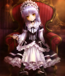 Rule 34 | 10s, 1girl, angel beats!, armchair, black pantyhose, chair, couch, dress, gothic lolita, goto p, hairband, highres, lolita fashion, lolita hairband, long hair, pantyhose, red upholstery, shoes, silver hair, sitting, tenshi (angel beats!), yellow eyes