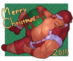 Rule 34 | 1boy, 2015, arm hair, bara, bare pectorals, black hair, bulge, chest hair, christmas, dark-skinned male, dark skin, dated, full body, hairy, hat, highres, large pectorals, leg hair, looking at viewer, looking to the side, male focus, mature male, muscular, muscular male, navel, navel hair, nipples, original, pectorals, red hat, ryker, santa costume, santa hat, short hair, smile, solo, stomach, thick eyebrows