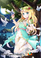 Rule 34 | 1girl, barefoot, bird, blonde hair, blue eyes, bow, bracelet, character request, dove, feathers, floating, head wreath, jewelry, long hair, looking at viewer, moon, necklace, night, pink bow, pink ribbon, qurare magic library, ribbon, shoonear, smile, solo, tree
