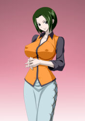 Rule 34 | 1girl, ass, black eyes, breasts, covered erect nipples, female focus, green hair, highres, large breasts, makino (one piece), nel-zel formula, one piece, short hair, smile