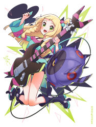 Rule 34 | 1girl, :d, bass guitar, black footwear, blonde hair, blush, boots, bra strap, braid, cable, commentary, cosplay, creatures (company), dress, game freak, gen 5 pokemon, green eyes, hair bobbles, hair ornament, highres, holding, holding instrument, holding plectrum, instrument, kinocopro, knee boots, knees together feet apart, lillie (pokemon), long hair, long sleeves, looking at viewer, nintendo, open mouth, platform boots, platform footwear, plectrum, pokemon, pokemon (creature), pokemon bw2, pokemon sm, roxie (pokemon) (cosplay), smile, striped clothes, striped dress, twin braids, twitter username, two-tone dress, whirlipede, wide sleeves