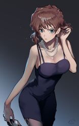 Rule 34 | 1girl, absurdres, adjusting hair, arm up, artist name, black dress, black nails, blue eyes, blush, breasts, brown hair, cleavage, closed mouth, dress, feet out of frame, haibara ai, highres, holding, jewelry, large breasts, looking at viewer, meitantei conan, miyano shiho, nail polish, necklace, pantyhose, pearl necklace, short hair, simple background, sleeveless, sleeveless dress, solo, thighs, thinny062541