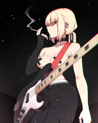 Rule 34 | 1girl, absurdres, artoria pendragon (all), artoria pendragon (fate), bass, bass guitar, black gloves, black pants, blonde hair, breasts, choker, cigarette, elbow gloves, electric guitar, fate/grand order, fate (series), fingerless gloves, gloves, guitar, highres, hyperbudd, instrument, long hair, looking at viewer, low ponytail, medium breasts, pants, pasties, saber alter, shaded face, single glove, solo, topless, yellow eyes