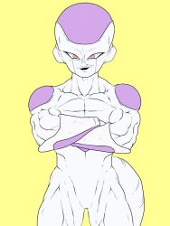 Rule 34 | 1boy, abs, alien, artist request, crossed arms, dragon ball, dragonball z, frieza, highres, looking at viewer, muscular, no humans, purple lips, red eyes, smile, solo, standing, tail, upper body, yellow background