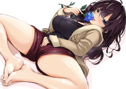 Rule 34 | 1girl, :3, ahoge, bare legs, bare shoulders, barefoot, black hair, blue eyes, blush, breasts, cleavage, feet, feet together, female masturbation, flower, holding, holding flower, hood, hoodie, ichinose shiki, idolmaster, idolmaster cinderella girls, jewelry, knees apart feet together, large breasts, long hair, looking at viewer, lying, masturbation, necklace, on back, open clothes, open hoodie, open mouth, saki chisuzu, shorts, simple background, sleeves past wrists, smile, solo, spread legs, toes, wavy hair, white background