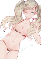 Rule 34 | 10s, 1girl, bad id, bad pixiv id, bikini, blonde hair, blue eyes, breasts, cleavage, collarbone, eyelashes, gluteal fold, hair ornament, hairclip, heart, long hair, looking at viewer, medium breasts, navel, one eye closed, persona, persona 5, shiny skin, smile, solo, swimsuit, takamaki anne, thigh gap, tibaba pego, twintails, v, water, white background