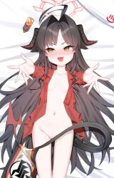 Rule 34 | 1girl, ahoge, bed sheet, black hair, black horns, black tail, blue archive, blush, bottomless, breasts, commentary request, demon horns, demon tail, fang, from above, hair intakes, halo, highres, honi (honi1010), horns, kasumi (blue archive), long hair, long sleeves, lying, navel, on back, open clothes, open mouth, open shirt, outstretched arms, red halo, red shirt, shirt, small breasts, smile, solo, stomach, sweatdrop, tail, tail censor, yellow eyes