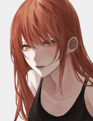 Rule 34 | 1girl, black tank top, chainsaw man, collarbone, hair down, highres, inuo (inuo x), long hair, looking at viewer, makima (chainsaw man), parted lips, red hair, ringed eyes, simple background, solo, tank top, white background, yellow eyes