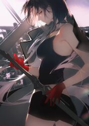 Rule 34 | 1girl, absurdres, angell (path to nowhere), armpit peek, bare shoulders, black coat, black hair, black shorts, black tank top, breasts, building, city, cityscape, coat, coat on shoulders, cowboy shot, drawing sword, from side, gloves, gradient hair, grey hair, highres, holding, holding sword, holding weapon, long hair, looking at viewer, looking to the side, medium breasts, multicolored hair, path to nowhere, profile, red gloves, short shorts, shorts, sideways glance, skyscraper, slit pupils, solo, sword, tank top, very long hair, weapon, yellow eyes, zhishi yuyuanqiu
