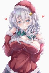 Rule 34 | 1girl, blue eyes, breasts, capelet, cleavage, commentary request, fur-trimmed capelet, fur-trimmed headwear, fur-trimmed sweater, fur trim, hat, highres, kantai collection, kashima (kancolle), large breasts, looking at viewer, off-shoulder sweater, off shoulder, official alternate costume, red capelet, red hat, red sweater, sa-ya2, santa hat, sidelocks, silver hair, simple background, solo, sweater, twintails, upper body, wavy hair, white background