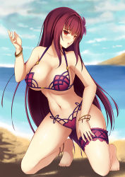 Rule 34 | 1girl, anklet, barefoot, beach, bikini, blush, breasts, cleavage, day, euforia, fate/grand order, fate (series), flower, full body, hair flower, hair ornament, huge breasts, jewelry, kneeling, long hair, looking at viewer, navel, ocean, open mouth, purple hair, red eyes, scathach (fate), scathach (fate), scathach (swimsuit assassin) (fate), solo, swimsuit, underboob