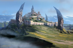 Rule 34 | blue sky, castle, commentary request, day, fantasy, grass, mountain, no humans, original, outdoors, rock, satoru wada, scenery, signature, sky, town, wall