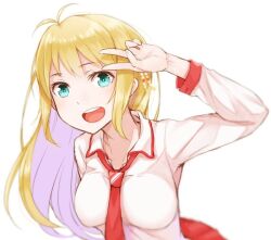 Rule 34 | 1girl, antenna hair, aqua eyes, ayakura juu, blonde hair, breasts, character request, collared shirt, commentary request, copyright request, long hair, looking at viewer, medium breasts, open mouth, shirt, simple background, smile, solo, upper body, v, white background